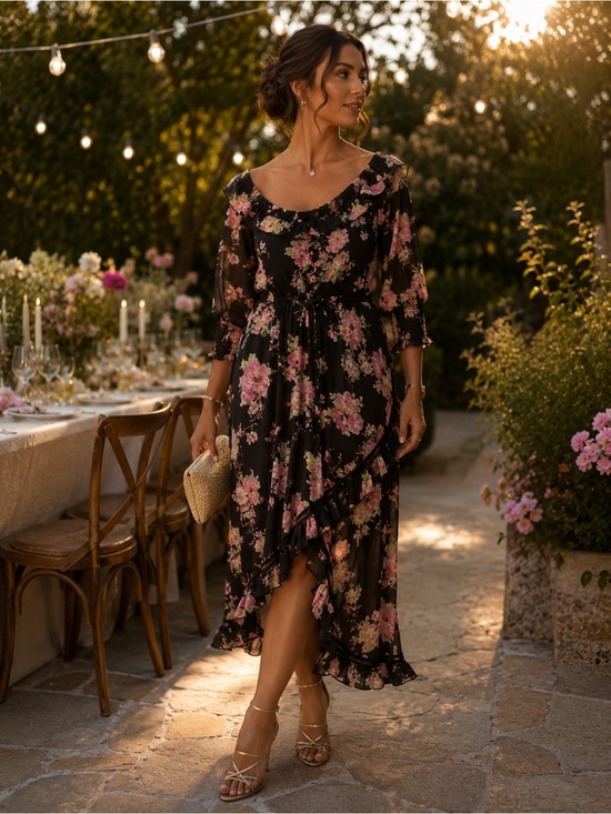 ASOS Dresses & Skirts - ASOS Black Floral Off-Shoulder High-Low Dress with Pink Roses